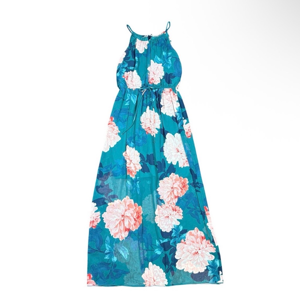 Sweet Storm Floral Maxi Dress Teal Pink Halter Sleeveless Boho Beach Medium